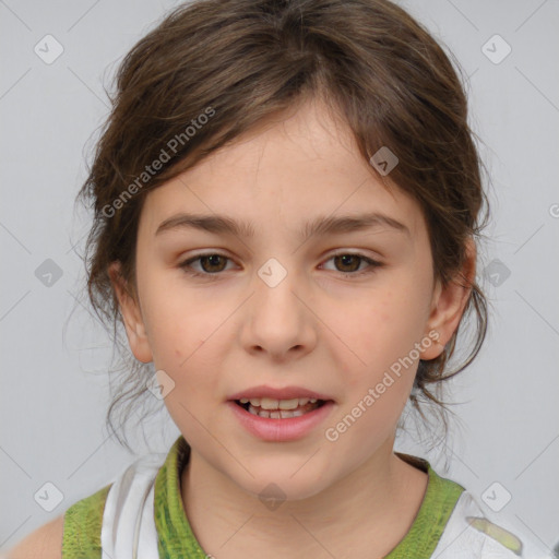 Joyful white child female with medium  brown hair and brown eyes