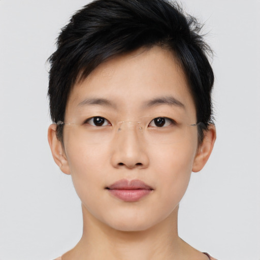 Neutral asian young-adult female with short  black hair and brown eyes