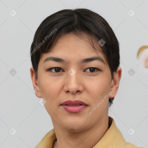 Joyful asian young-adult female with short  brown hair and brown eyes