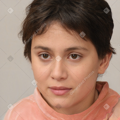 Neutral white young-adult female with short  brown hair and brown eyes