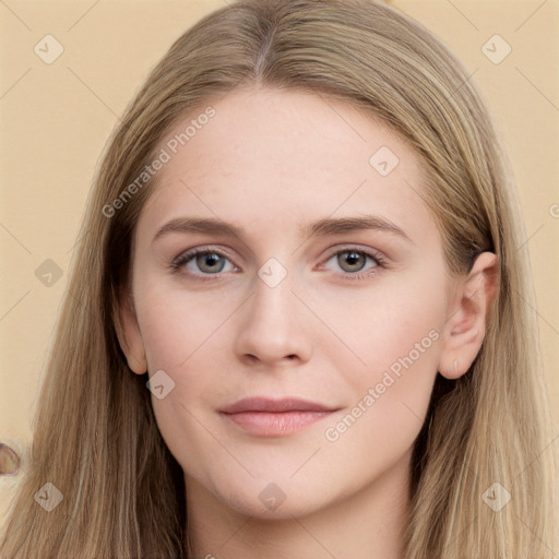 Neutral white young-adult female with long  brown hair and grey eyes