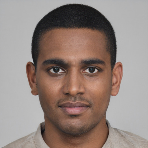 Neutral black young-adult male with short  black hair and brown eyes