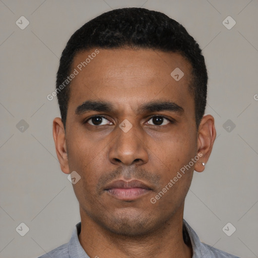 Neutral latino young-adult male with short  black hair and brown eyes