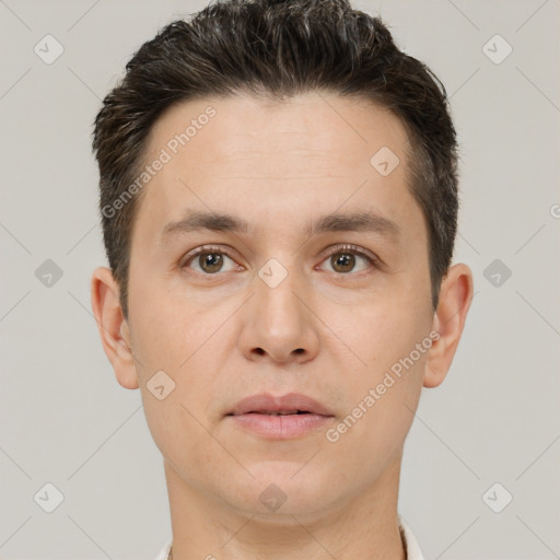 Neutral white young-adult male with short  brown hair and brown eyes