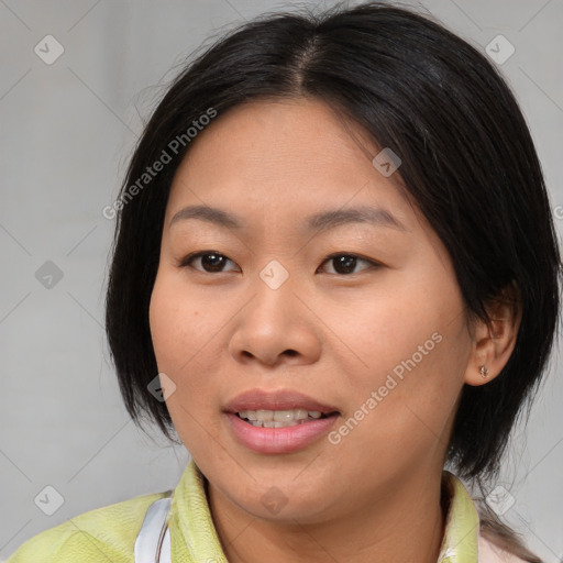 Joyful asian young-adult female with medium  brown hair and brown eyes