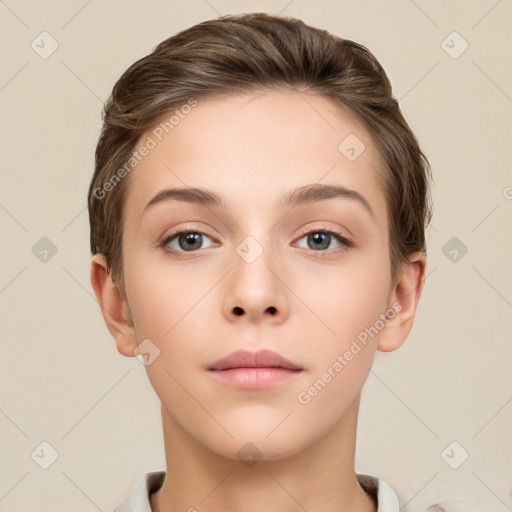 Neutral white young-adult female with short  brown hair and brown eyes