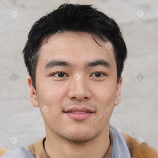 Neutral asian young-adult male with short  black hair and brown eyes