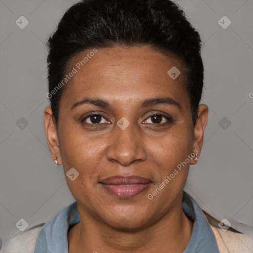 Joyful black adult female with short  black hair and brown eyes