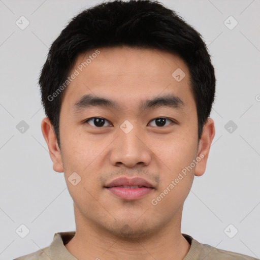 Neutral asian young-adult male with short  black hair and brown eyes