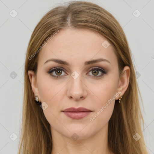 Joyful white young-adult female with long  brown hair and green eyes