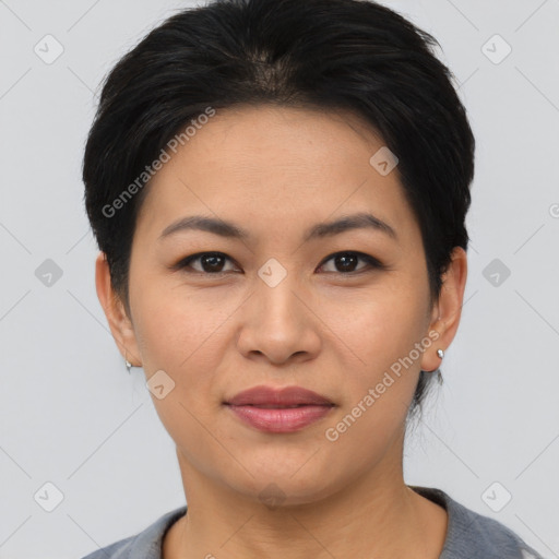 Joyful asian young-adult female with short  brown hair and brown eyes