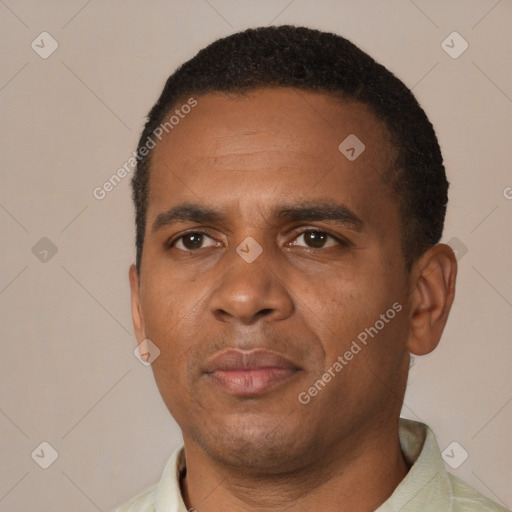 Neutral black adult male with short  black hair and brown eyes