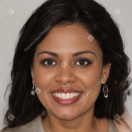 Joyful black young-adult female with long  brown hair and brown eyes