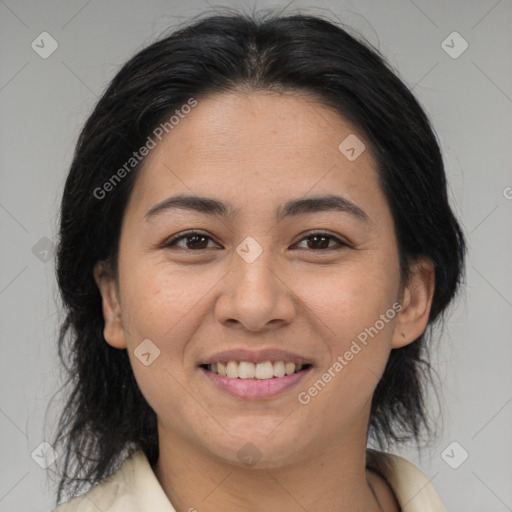 Joyful asian young-adult female with medium  brown hair and brown eyes