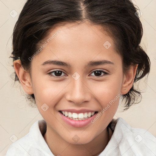 Joyful white child female with medium  brown hair and brown eyes