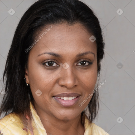 Joyful latino young-adult female with medium  brown hair and brown eyes