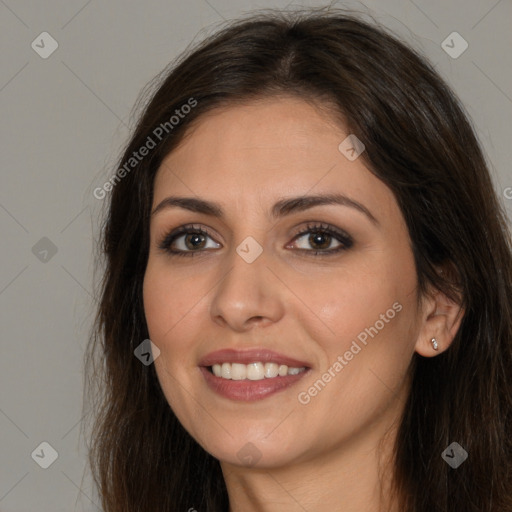 Joyful white young-adult female with long  brown hair and brown eyes