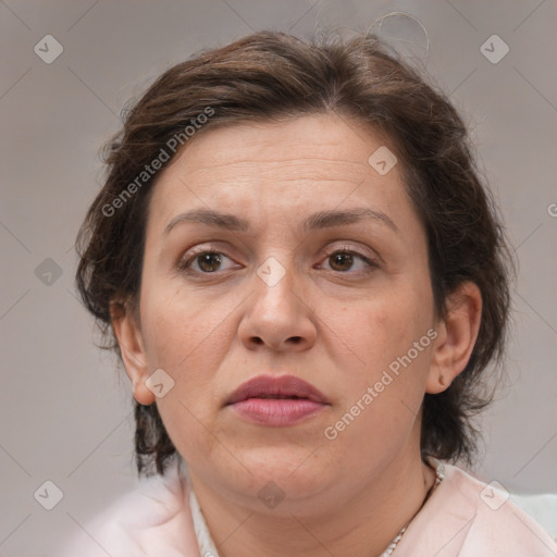 Neutral white adult female with medium  brown hair and brown eyes