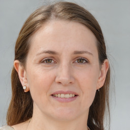 Joyful white adult female with medium  brown hair and grey eyes