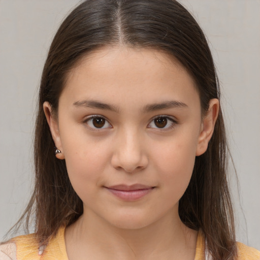 Joyful white child female with medium  brown hair and brown eyes