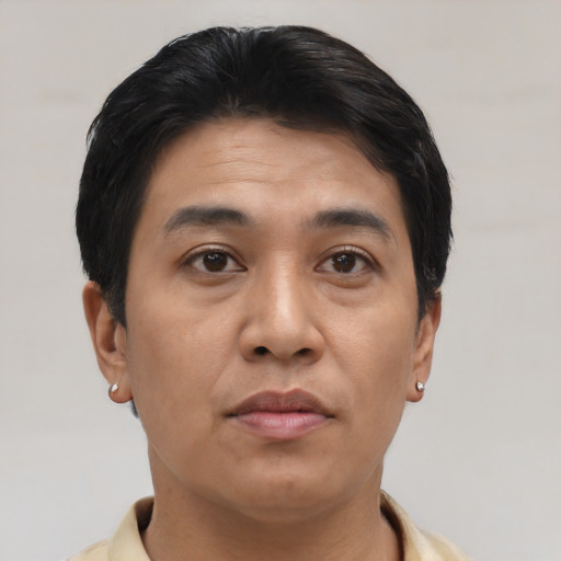 Neutral asian young-adult male with short  brown hair and brown eyes