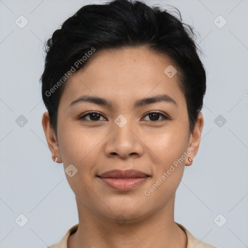 Joyful asian young-adult female with short  brown hair and brown eyes