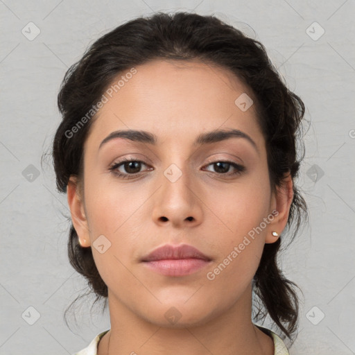 Neutral white young-adult female with medium  brown hair and brown eyes