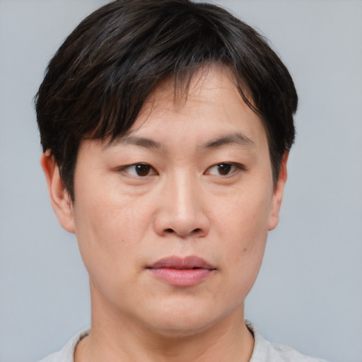 Neutral asian young-adult male with short  brown hair and brown eyes