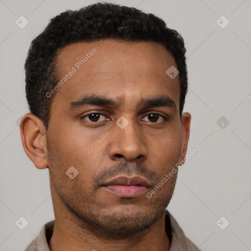 Neutral latino young-adult male with short  black hair and brown eyes