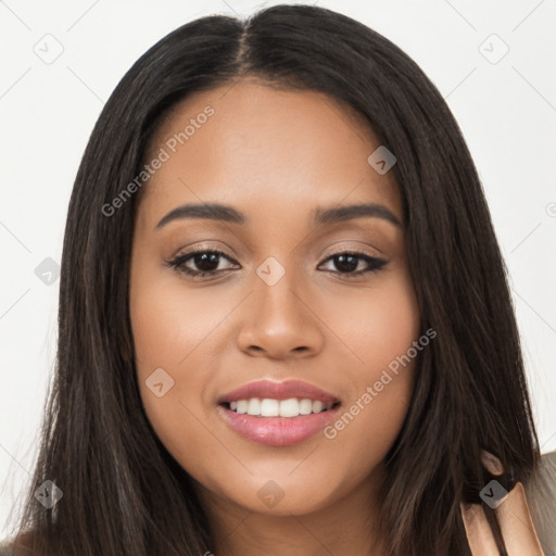 Joyful latino young-adult female with long  black hair and brown eyes