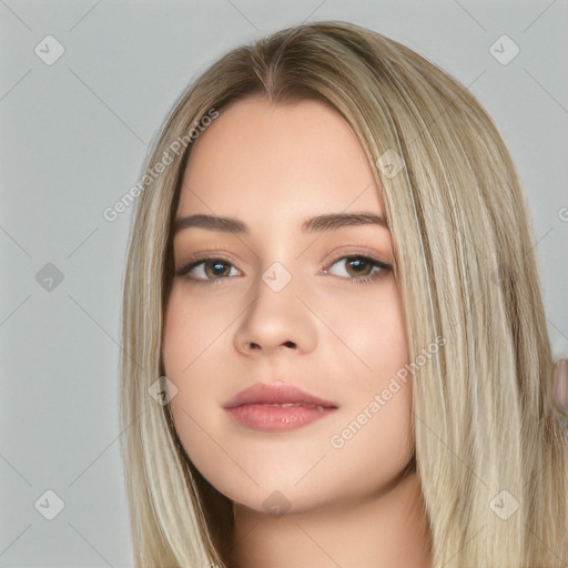 Neutral white young-adult female with long  brown hair and brown eyes