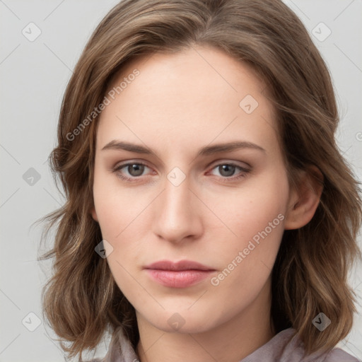 Neutral white young-adult female with medium  brown hair and grey eyes