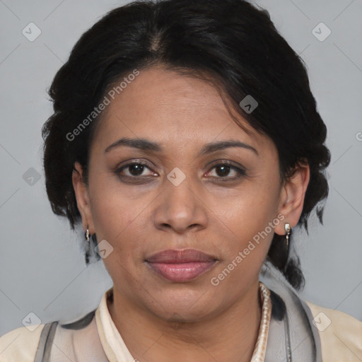 Joyful asian adult female with medium  brown hair and brown eyes