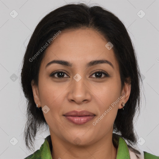 Joyful latino young-adult female with medium  brown hair and brown eyes