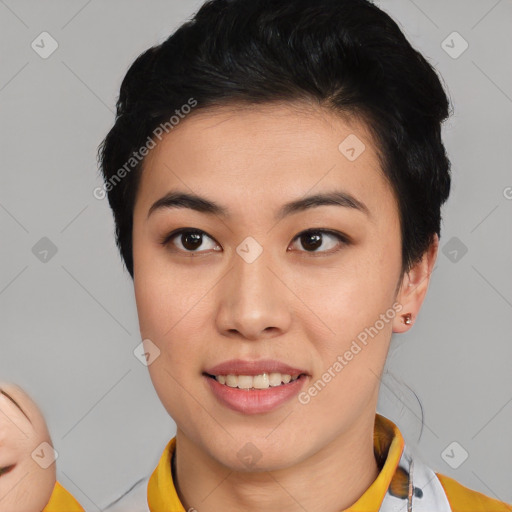 Joyful asian young-adult female with short  black hair and brown eyes