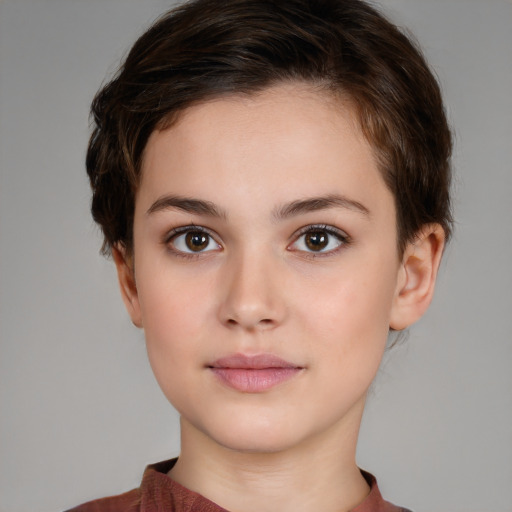 Neutral white young-adult female with short  brown hair and brown eyes