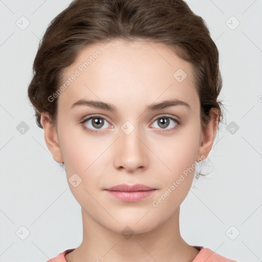 Neutral white young-adult female with short  brown hair and brown eyes