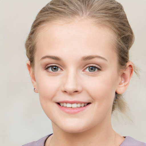 Joyful white child female with medium  brown hair and blue eyes