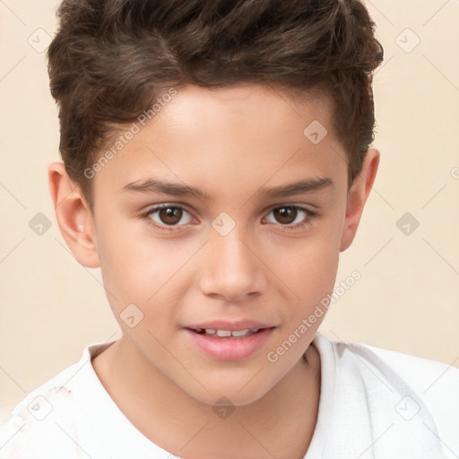 Joyful white child male with short  brown hair and brown eyes