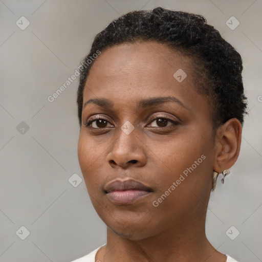 Neutral black young-adult female with short  black hair and brown eyes