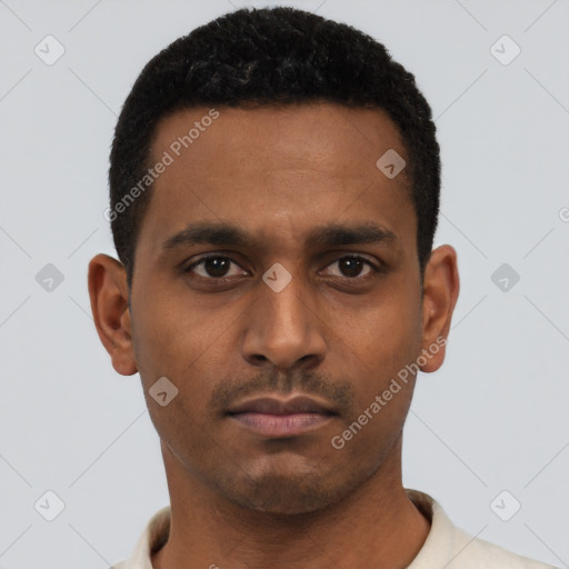 Neutral latino young-adult male with short  black hair and brown eyes