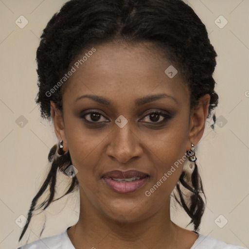 Joyful black young-adult female with medium  black hair and brown eyes