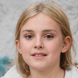 Joyful white child female with medium  brown hair and blue eyes