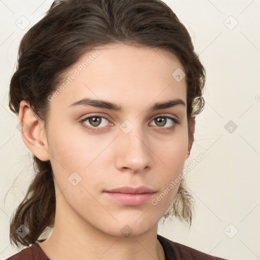 Neutral white young-adult female with medium  brown hair and brown eyes