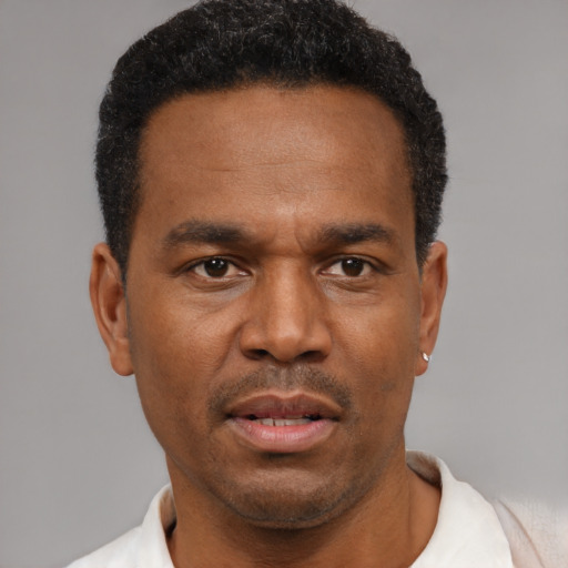 Neutral black young-adult male with short  black hair and brown eyes