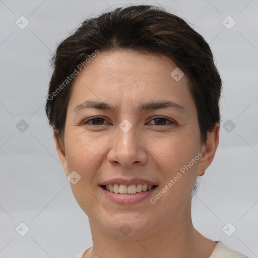 Joyful white young-adult female with short  brown hair and brown eyes