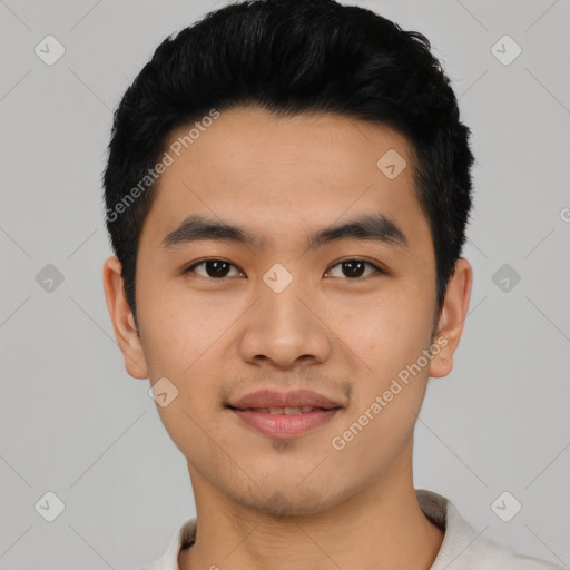 Joyful asian young-adult male with short  black hair and brown eyes