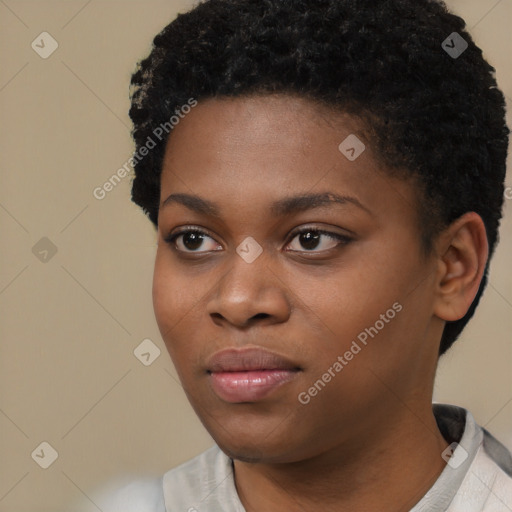 Neutral black young-adult female with short  black hair and brown eyes