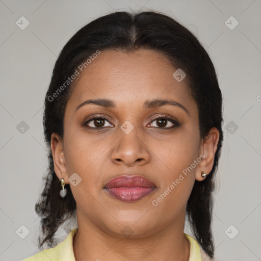 Joyful latino young-adult female with medium  brown hair and brown eyes