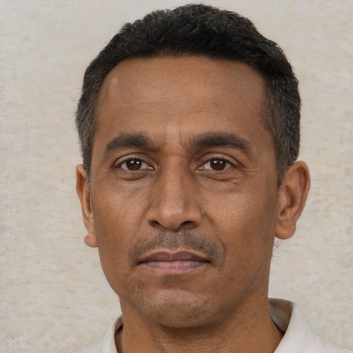 Neutral black adult male with short  black hair and brown eyes